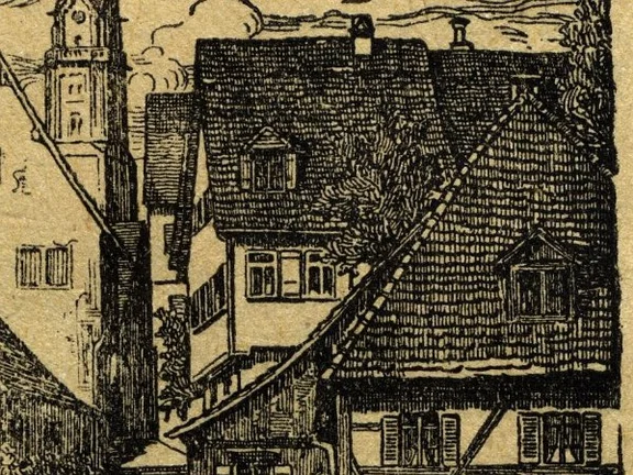 Auschnitt aus einem Druck nach einer Zeichnung von O. Elsässer in: Theodor Groh, Christian Kolb: Die frühere Reichsstadt Schwäbisch Hall. Ein Rundgang durch die Stadt, Schwäbisch Hall o.J., um 1900, S. 16