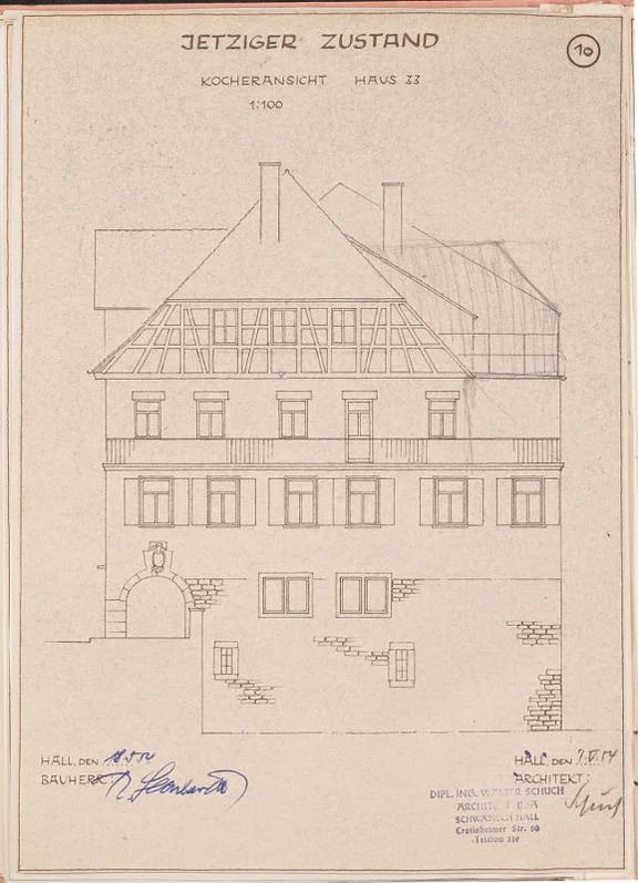 Umbau von 1954/55. Westgiebel zum Kocher vor dem Umbau (Stadt Schwäb. Hall, Baurechtsamt, Bauakten Neue Straße 29-33)