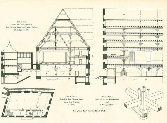 Plan des „Neubaus“ nach der Renovierung von 1927/1928, veröffentlicht in: Deutsche Bauzeitung, Jg. 1927, S. 78 (StadtA Schwäb. Hall So StA 9419)