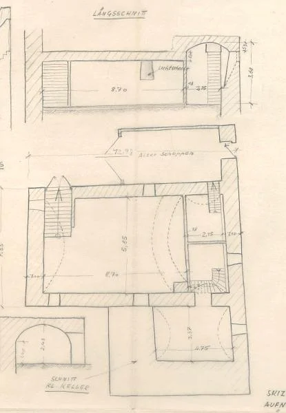 Längsschnitt des großen Kellers und Grundriss beider Keller, 1955 (StadtA Schwäb. Hall 27/0316)