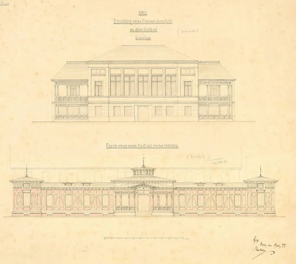 Nicht umgesetzter Entwurf für den Neubau des Solbads (unten) und für einen Umbau des „Alten Solbads“ (oben), 1877 (StadtA Schwäb. Hall S06/P01802)