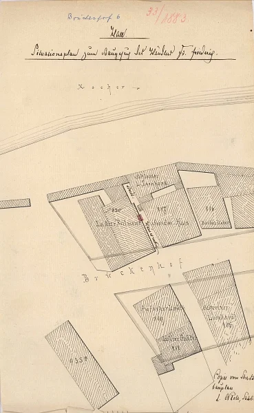 Lageplan zur Erstellung eines Anbaus, 1883 (Baurechtsamt SHA, Bauakten)