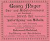 Anzeige der im Haus befindlichen Bau- und Möbelschreinerei  des Georg Mayer aus dem Jahr 1901, aus: W. Burkhardt (Bearb.): Adreß- und Geschäfts-Handbuch der Oberamtsstadt Schwäbisch Hall, Schwäbisch Hall 1901, Inseratenanhang, S. 23 (StadtA Schwäb. Hall Bibl. 2947)