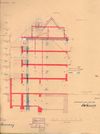 Schnitt von der Neuen Straße aus durch den Neubau von 1935 mit eingezeichneten Korrekturen (blau) und Baulinien des Altbaus (gelb) (Baurechtsamt SHA, Bauakten)