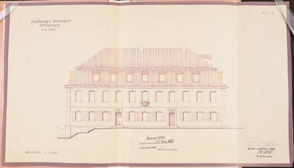 Längsansicht der Ostseite zum geplanten Ausbau des Dachstocks, 1955 (Baurechtsamt Schwäb. Hall, Bauakten)
