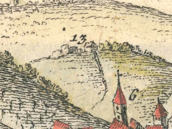 Ausschnitt aus der 1747 als Beigabe zu den „Uffenheimischen Nebenstunden“ von J. J. Enderes in Schwabach veröffentlichten Stadtansicht. Das Haus neben den Ruinen der Limpurg (direkt unter der „13“) dürfte das Hofgut markieren (StadtA Schwäb. Hall Alte Dr./271)