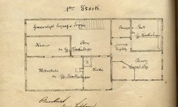 Grundriss des „1ten Stocks“ (= Erdgeschoss) in einem Teilungsplan zwischen den Hauseigentümern Georg Krockenberger und Conrad Ley, 1873 (StadtA Schwäbisch Hall 9/1067, Nr. 31)