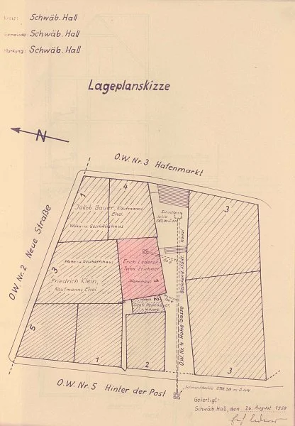 Lageplan zum Anschluss an die Kanalisation, 1958 (Baurechtsamt Schwäb. Hall, Bauakten)