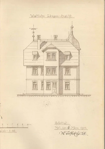 Pläne für den Neubau des Hauses von 1904: Westansicht (Stadt Schwäb. Hall, Baurechtsamt, Bauakten Johanniterstraße 17/1)