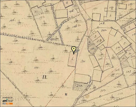 Ausschnitt aus dem Primärkataster von 1827. Das „A“ bezeichnet das Wohnhaus des Hofguts (Plan: Geodatenportal Schwäbisch Hall / Stadt Schwäbisch Hall, Fachbereich Planen und Bauen, Abteilung Vermessung).