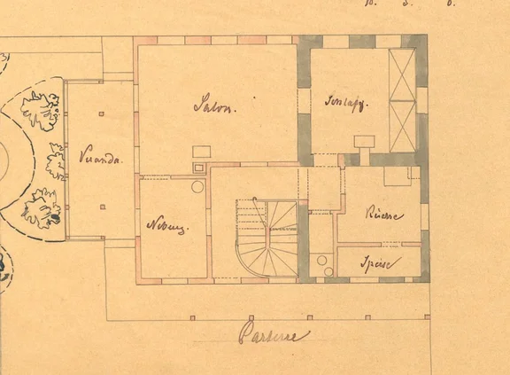 Grundriss des Erdgeschosses zum Umbau in ein Wohnhaus, 1871 (StadtA SHA 27/371)
