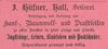 Anzeige des im Haus ansässigen Seilers Johann Hüfner von 1901 aus: W. Burkhardt (Bearb.): Adreß- und Geschäfts-Handbuch der Oberamtsstadt Schwäbisch Hall, Schwäbisch Hall 1901, Inseratenanhang, S. 19 (StadtA Schwäb. Hall Bibl. 2947)