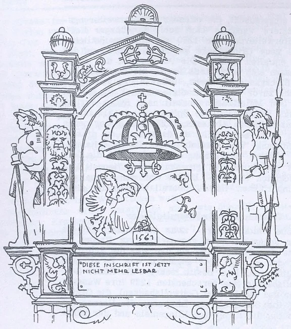 Rekonstruktion eines 1950 abgekratzten Renaissance-Freskos an der Südwand mit dem reichsstädtischen Wappen. Aus: Eduard Krüger: Der Johanniter-Orden in Schwäbisch Hall, in: Haalquell 17 (1965), S. 64