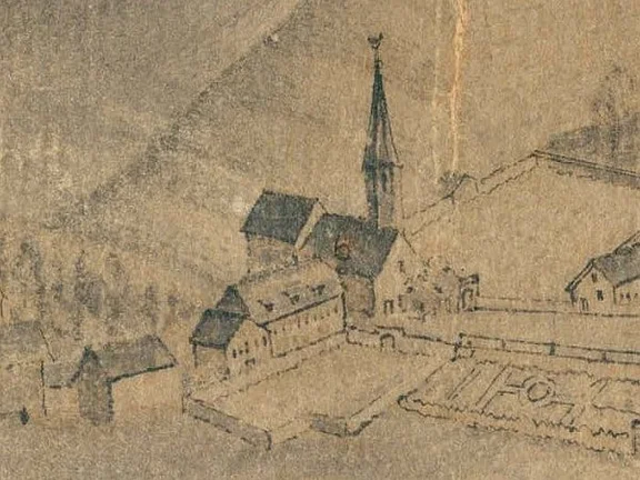 Ausschnitt aus der Stadtansicht von Johann Conrad Körner von 1755. Die Nikolaikapelle ist hier mit einem achteckige Türmchen als Dachreiter abgebildet (StadtA Schwäb. Hall S10/0791)