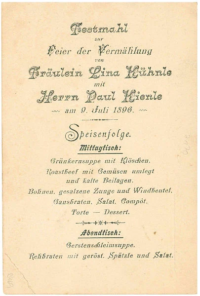 Rückseite der Speisekarte zur am 9. Juli 1896 im „Ritter“ gefeierten Hochzeit von Lina Kühnle und Paul Kienle (StadtA Schwäb. Hall S01/2117)