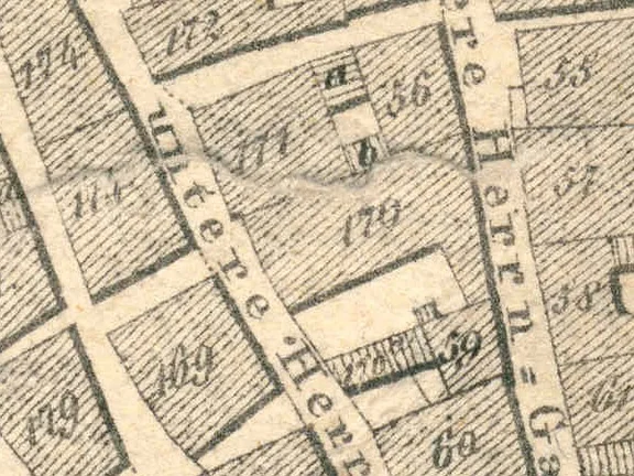 Ausschnitt aus dem Primärkataster  von 1827. Das Anwesen hat die Nummer 170 (StadtA Schwäb. Hall S13/0583)