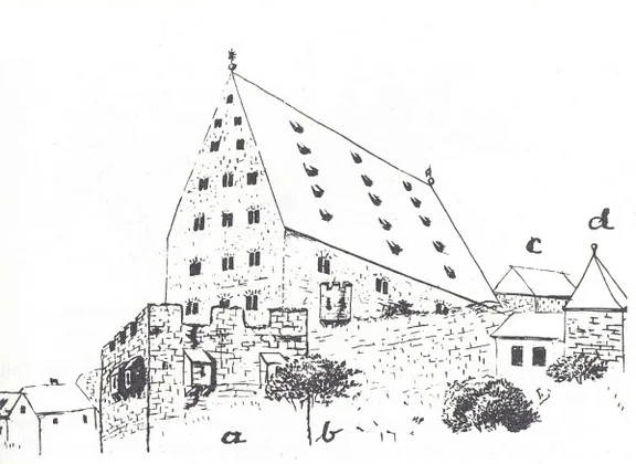 Befestigungen am Schiedgraben und Neubau auf einem von Eduard Krüger nachgezeichneten Stich von C. Gabriel und Fr. Gräter, 1817. Aus: Eduard Krüger: Die Stadtbefestigungen von Schwäbisch Hall, Schwäbisch Hall 1966, S. 69