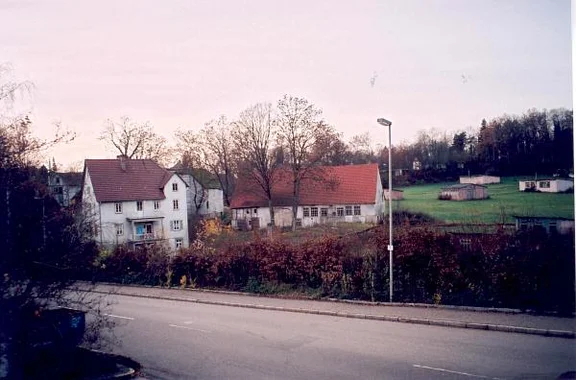Gesamtanlage 2006, vor Beginn der Abbrucharbeiten. Links das Gutshaus, in der Mitte die Scheune, rechts Hühnerställe (StadtA SHA 27/329)