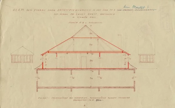 Schnittzeichnungen zum Einbau einer Dachgeschosswohnung, 1946 (Baurechtsamt Schwäb. Hall, Bauakten)