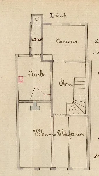 Grundriss des ''Zweiten Stocks'' (tatsächlich wohl Obergeschoss) zum Einbau einer neuen Küche, 1875.Hier ist nur der Verlauf eines neuen Kamins eingezeichnet (Baurechtsamt Schwäb. Hall, Bauakten)