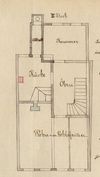 Grundriss des ''Zweiten Stocks'' (tatsächlich wohl Obergeschoss) zum Einbau einer neuen Küche, 1875.Hier ist nur der Verlauf eines neuen Kamins eingezeichnet (Baurechtsamt Schwäb. Hall, Bauakten)
