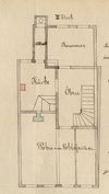 Grundriss des ''Zweiten Stocks'' (tatsächlich wohl Obergeschoss) zum Einbau einer neuen Küche, 1875.Hier ist nur der Verlauf eines neuen Kamins eingezeichnet (Baurechtsamt Schwäb. Hall, Bauakten)