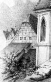 Rückseite des Hauses im 19. Jahrhundert. Ausschnitt aus einer Zeichnung von Friedrich Reik, 1875 (StadtA Schwäb. Hall FS 01031)