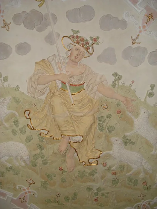 Barocksaal. Schäferin in der Mitte der Decke. Foto: Daniel Stihler (StadtA Schwäb. Hall Server Häuserlexikon)