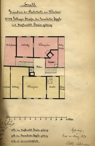 Grundriss des Dachstocks auf einem Teilungsplan der Hausbesitzer Gasarbeiter Epple (rot) und Sägknecht Bauer (gelb), 1874 (StadtA SHA  19/1068)