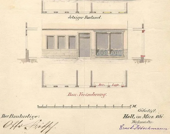 Grundriss und Ansicht zum Einbau einer neuen Schaufensterfront, 1881 (Baurechtsamt Schwäb. Hall, Bauakten Gelbinger Gasse 27)