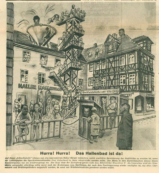Parodistischer Beitrag zu der bereits in den 1950erJahren stattfindenden Diskussion um die Zukunft des Schlachthauses, die der Zeichner hier mit dem - erst etliche Jahre später - verwirklichten Wunsch nach einem Hallenbad verband. Aus den „Holgaschtigen Blättern“, einer Faschingszeitung von 1957 (StadtA Schwäb. Hall S01/2109)