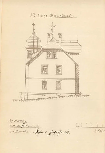 Pläne für den Neubau des Hauses von 1904: Nordansicht (Stadt Schwäb. Hall, Baurechtsamt, Bauakten Johanniterstraße 17/1)
