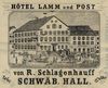 Abbildung des Anwesens ''Lamm-Post'' auf einer Speisekarte von 1888 (StadtA Schwäb. Hall S01/0259)
