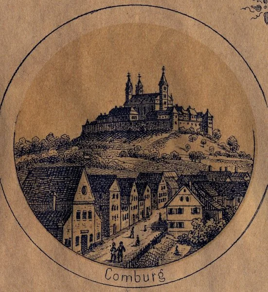 Ansicht von Steinbach mit der Comburg, aus einer Lithografie mit Ansichten von Schwäbisch Hall und Umgebung des Haller Verlags C. Zimmer, kurz nach 1862 (StadtA Schwäb. Hall S12/625)