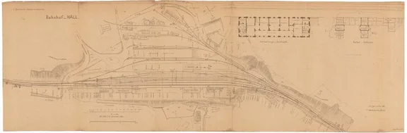 Plan der Gesamtanlage des Bahnhofs mit Gleisen und Nebengebäuden von 1898, Beilage zum Feuerversicherungsbuch (StadtA Schwäb. Hall Q02/042)