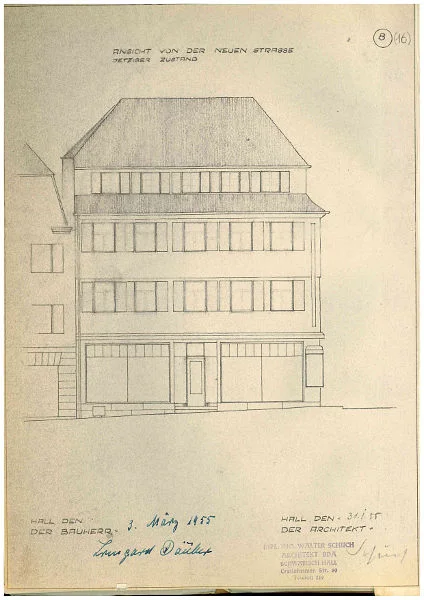 Ansicht der Fassade zur Neuen Straße für den Umbau von 1955, bis dahin bestehender Zustand. Original: Privatbesitz (StadtA Schwäb. Hall DIG 10645)