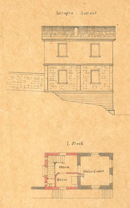 Längsseitenansicht und Grundriss des Erdgeschosses zum Umbau des Gartenhauses 1864 (StadtA SHA 27/371)