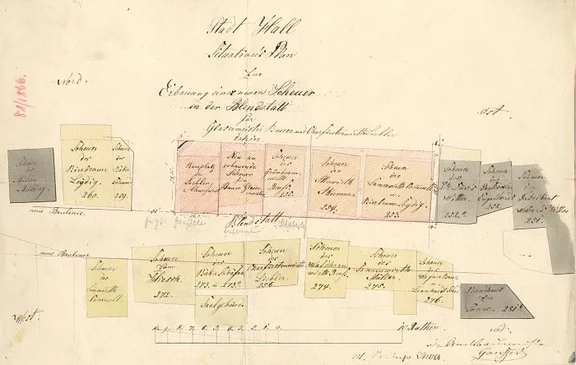 Lageplan zum Neubau 1866. Verwirklicht wurde nur der linke Flügel der geplanten, großen Scheuer (später Blendstatt 6/1 und 6/2). Der rechte Flügel über den alten Scheuern PKN 255-257 ist nicht errichtet worden (StadtA SHA 27/0011)