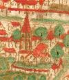 Ausschnitt aus einer Stadtansicht, kolorierte Federzeichnung aus einer Haller Chronik, um 1600 (StadtA SHA 4/4,Bl. 2)