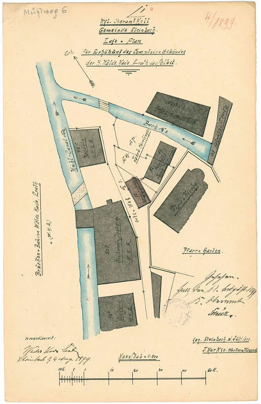 Ein Teil der Fabrikgebäude auf einem Lageplan von 1899 zur Erweiterung des Kontorgebäudes (Mühlsteige 6) (StadtA Schwäb. Hall 27/540)