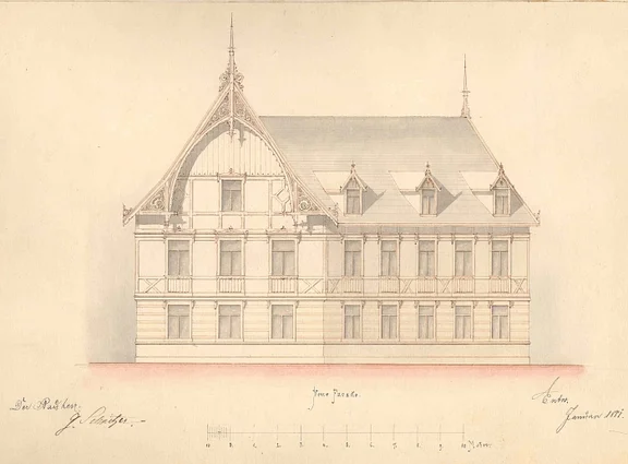 Erweiterung des Fischhauses 1881: seitliche Ansicht (Baurechtsamt SHA, Bauakten Salinenstraße 3)