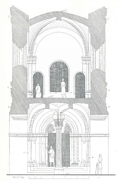 Schnitt durch den Westturm mit der Eingangshalle im Erdgeschoss und der darüber liegenden, hier wieder als „Kaiserempore“ dargestellten Magdalenenkapelle.Aus: Eduard Krüger: Das romanische Münster Sankt Michael zu Schwäbisch Hall, in: Württembergisch Franken 49 (1965), S. 66-104, hier S. 83