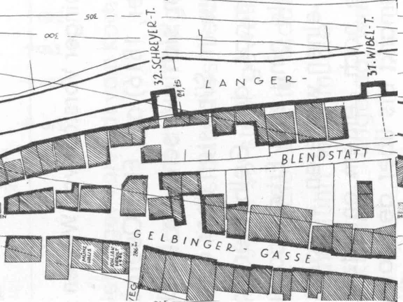 Ausschnitt aus einem Grundriss der Gelbinger Gasse mit eingezeichneten Stadtbefestigungen. Aus: Eduard Krüger: Die Stadtbefestigungen von Schwäbisch Hall, Schwäbisch Hall 1966, S. 91