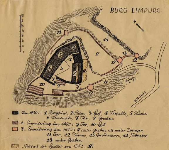 Altersphasenplan Dr. Eduard Krügers für die Ruine Limpurg, 1967 (StadtA Schwäb. Hall S22/0657)