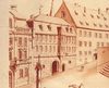 Ausschnitt aus einer Ansicht des Marktplatzes nach 1735. 1903 durch den Haller Maler Gottfried Schmidt gefertigte Nachzeichnung einer im Rathaus freigelegten und heute nicht mehr existierenden Freskomalerei von Johann Michael Roscher (StadtA Schwäb. Hall 16/0157)