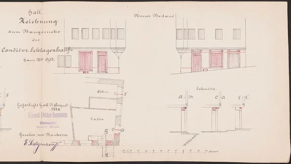 Plan zum Umbau der Schaufenster von 1884 mit den eingezeichneten Veränderungen (StadtA Schwäb. Hall 27/0568)