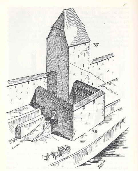 Rekonstruktion des Mühlenbollwerks und des dahinter stehenden Röhlerturms. Aus Eduard Krüger: Die Stadtbefestigung von Schwäbisch Hall, Schwäbisch Hall 1966, S. 104