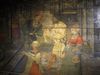 Detailansicht der aus dem Clausnizerhaus stammenden Bohlenwand mit dem Gemälde „Das Urteil des Salomo“, um 1530, heute im Hällisch-Fränkischen Museum. Die beiden Frauen sowie der Scharfrichter und sein Helfer mit dem Kind. Bild von 2013. Foto: Daniel Stihler (StadtA SHA DIG 05176)