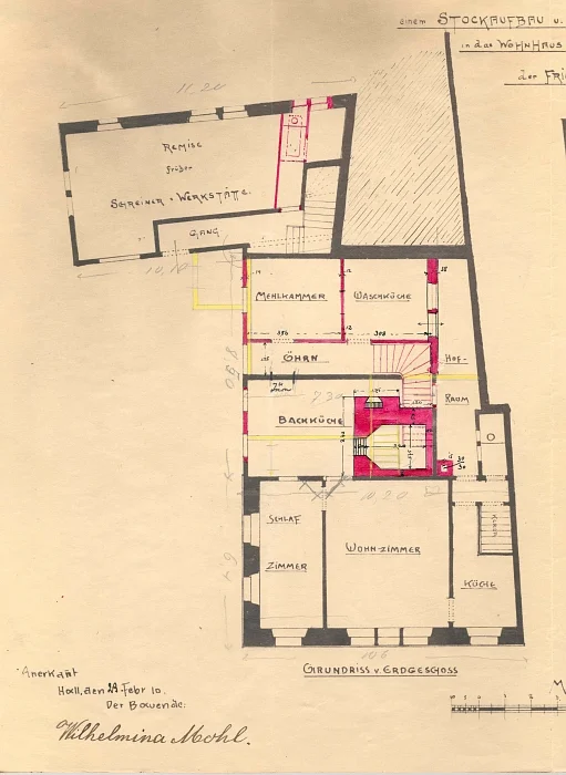 Umbauten 1910: Grundriss des Erdgeschosses (oben) zusammen mit dem Hauptgebäude Bahnhofstraße 12 (Baurechtsamt SHA, Bauakten Bahnhofstraße 12)