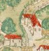 Ausschnitt aus einer kolorierten Federzeichnung von Unterlimpurg in einer Haller Chronik, um 1600. Das Hauptgebäude der Wirtschaft ist in der rechten Bildmitte erkennbar, quer dahinter wahrscheinlich das Brauereigebäude  (StadtA Schwäb. Hall 4/4a. Bl. 6)